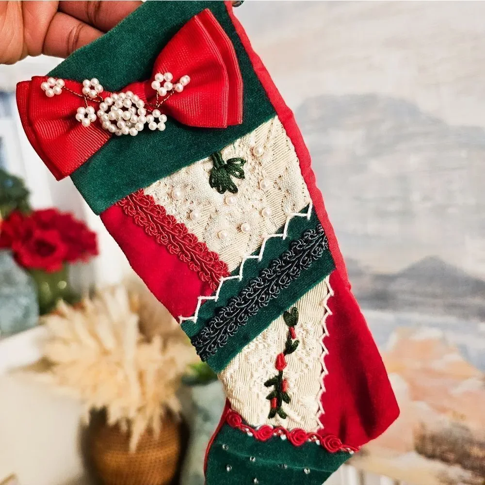 VTG Set Of 3 Patchwork Fabric Wreath, Antique Xmas Mini Stocking & Hallmark 2004